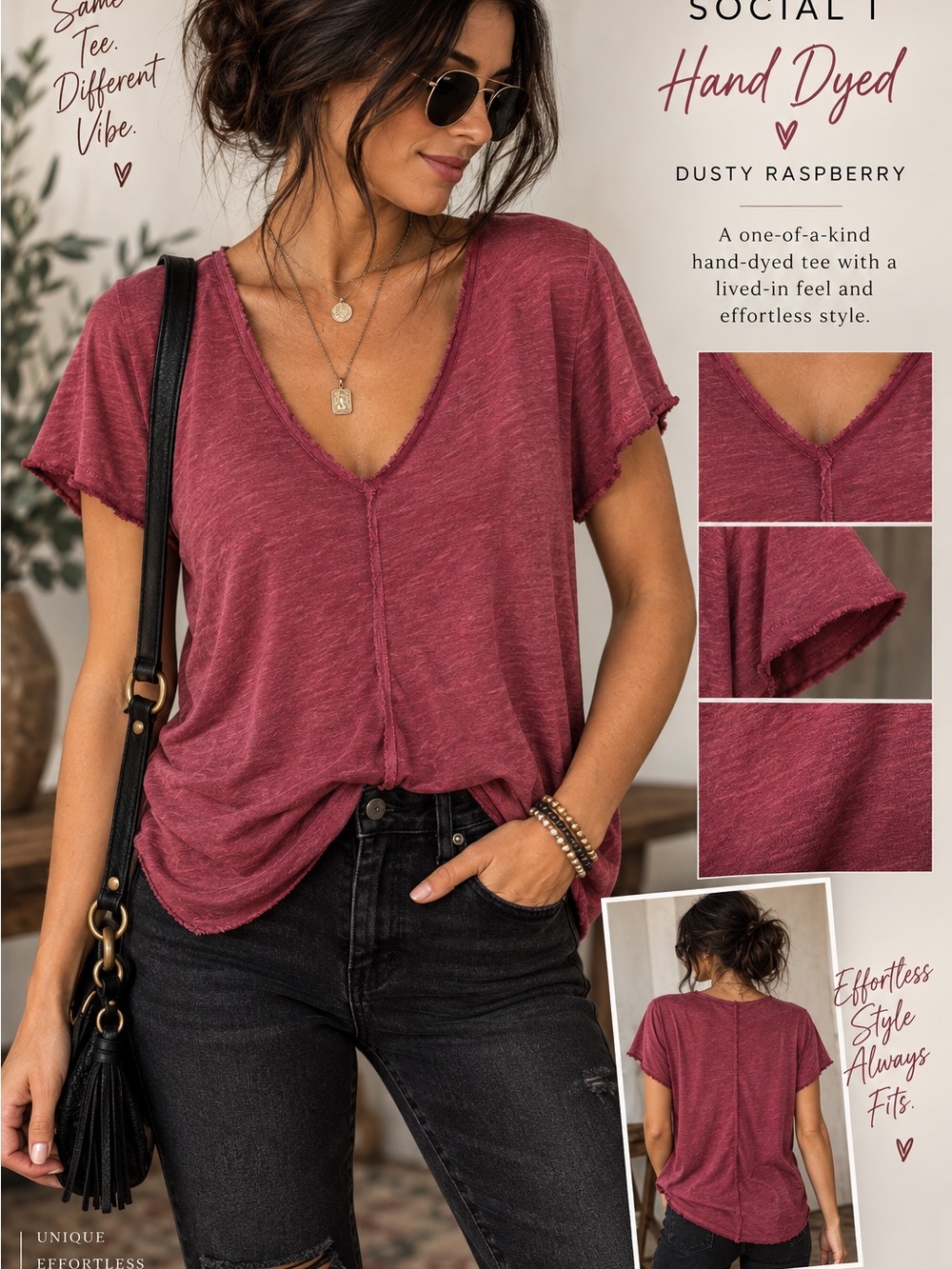 Project Social T Large Hand Dyed Dusty Raspberry V Neck Tee OOAK